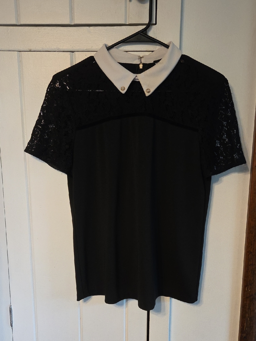 Karl Lagerfeld Black Lace Top with White Peter Pan Collar